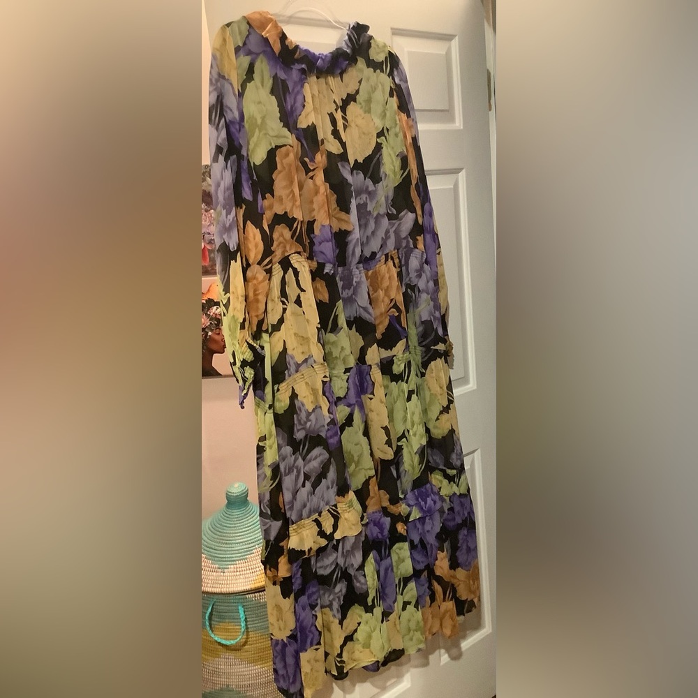 Anthropologie Floral Long-Sleeve Maxi Dress in Black, Yellow & Lavender - Picture 9 of 11